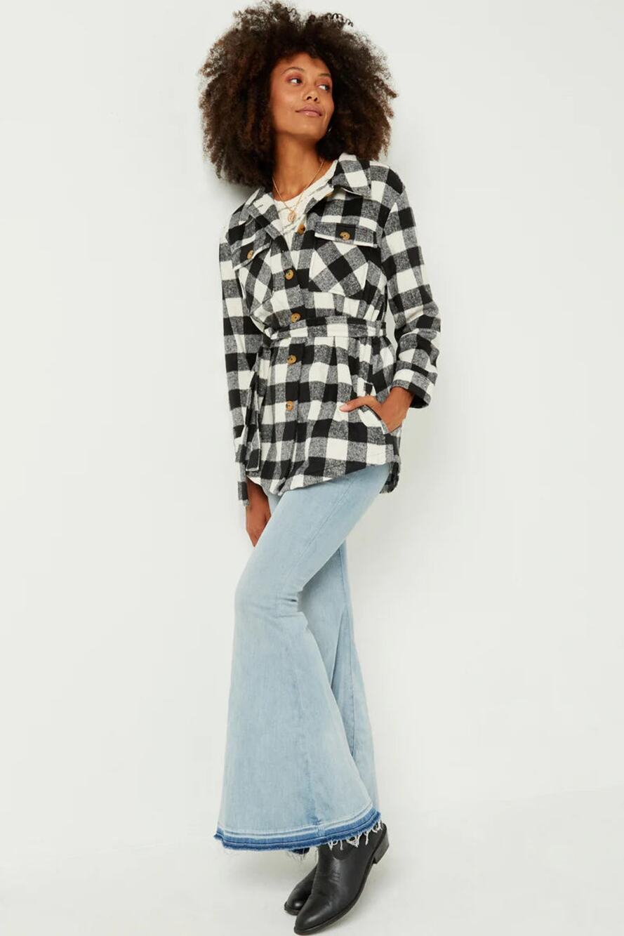 HAYDEN Maylee Black White Buffalo Plaid Check Belted Long Shacket Small